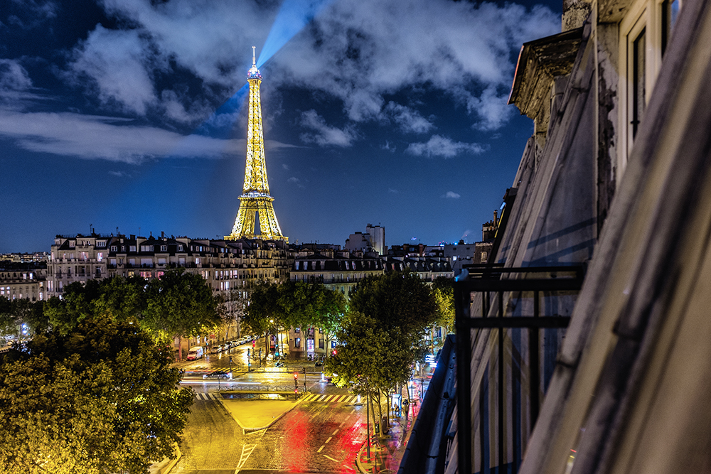 Paris Eiffer Tower night room balcony Paris France