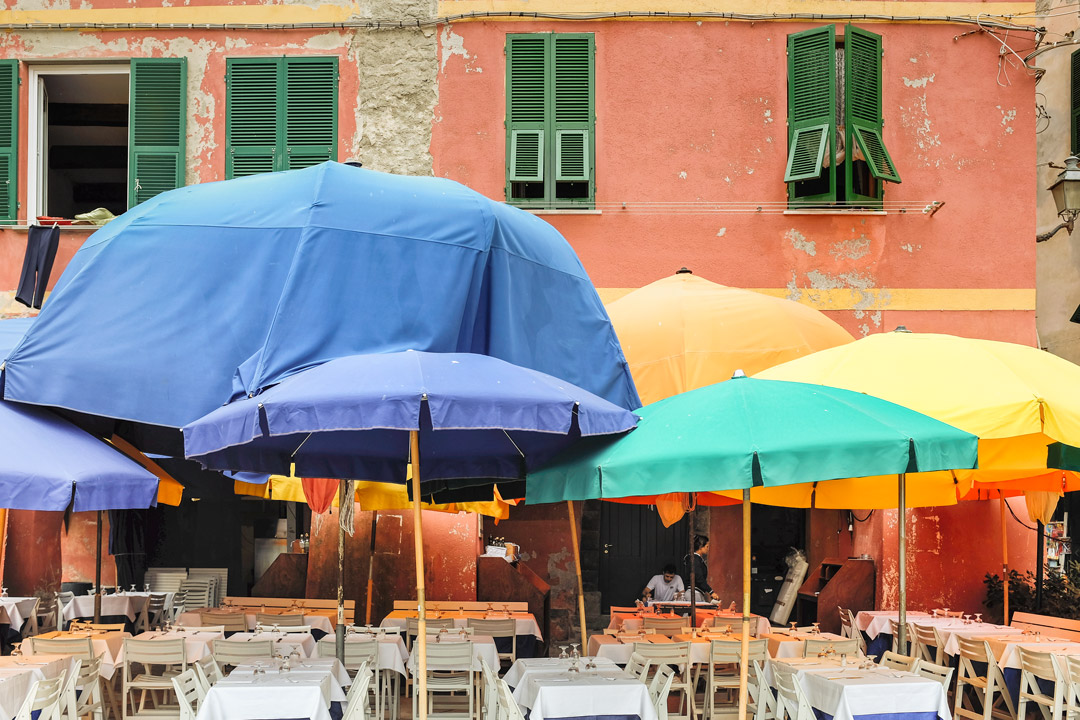 Vernazza restaurant umbrellas Cinque Terre Italy