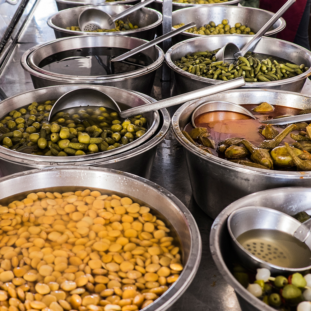 Farmers market marinated food Trujillo Spain