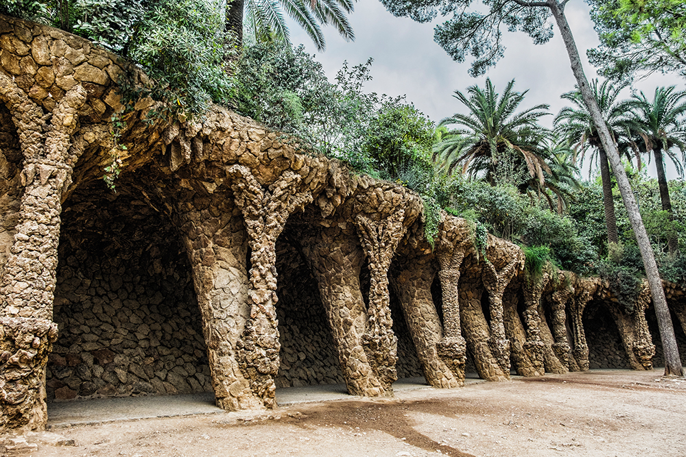 Park Guell portico columns Barcelona Spain