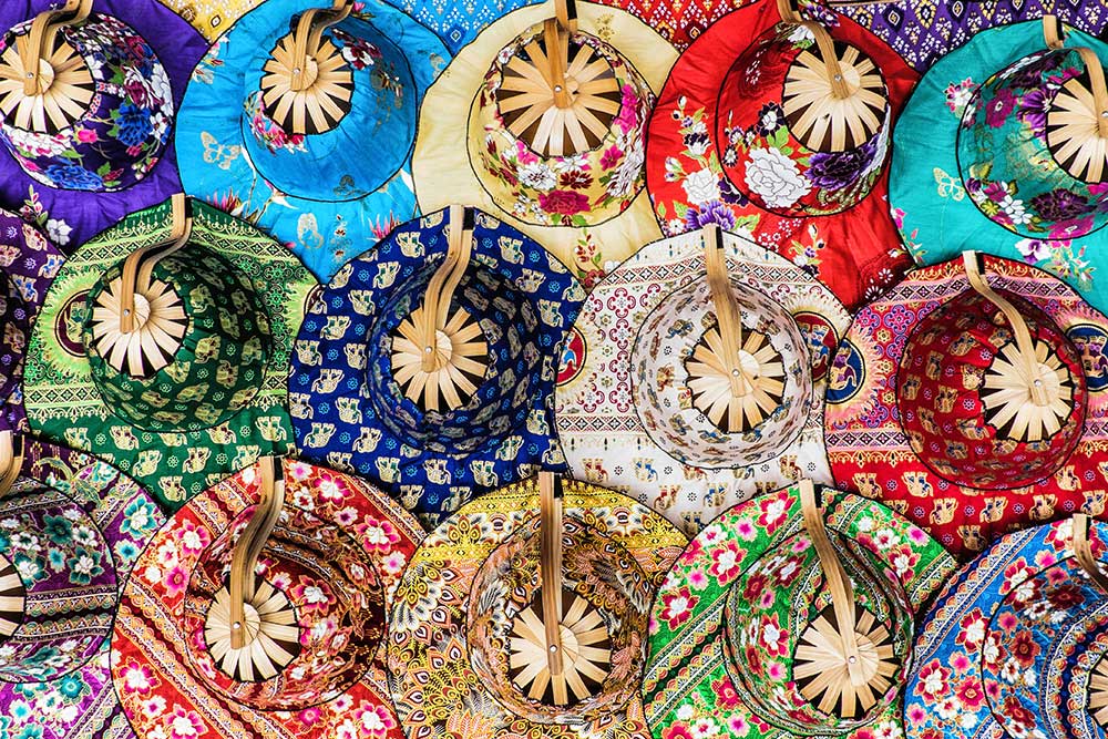 Damnoen Saduak floating market fabric hats Bangkok Thailand