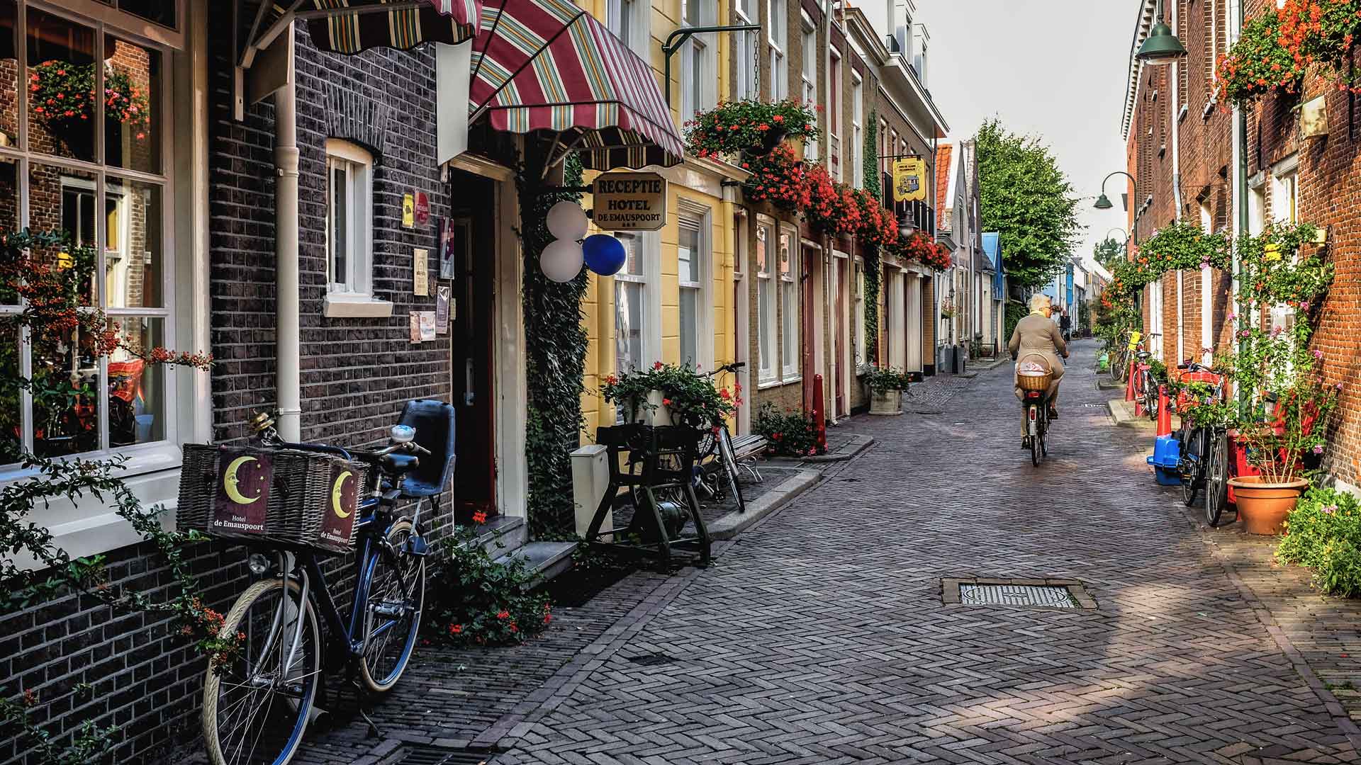 Woman riding bicycle Delft Netherlands